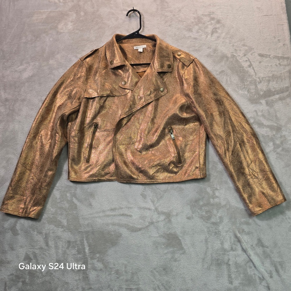 Cato Womens Rose Gold Metallic Moto Jacket Size L Asymmetrical Zip Faux Leather